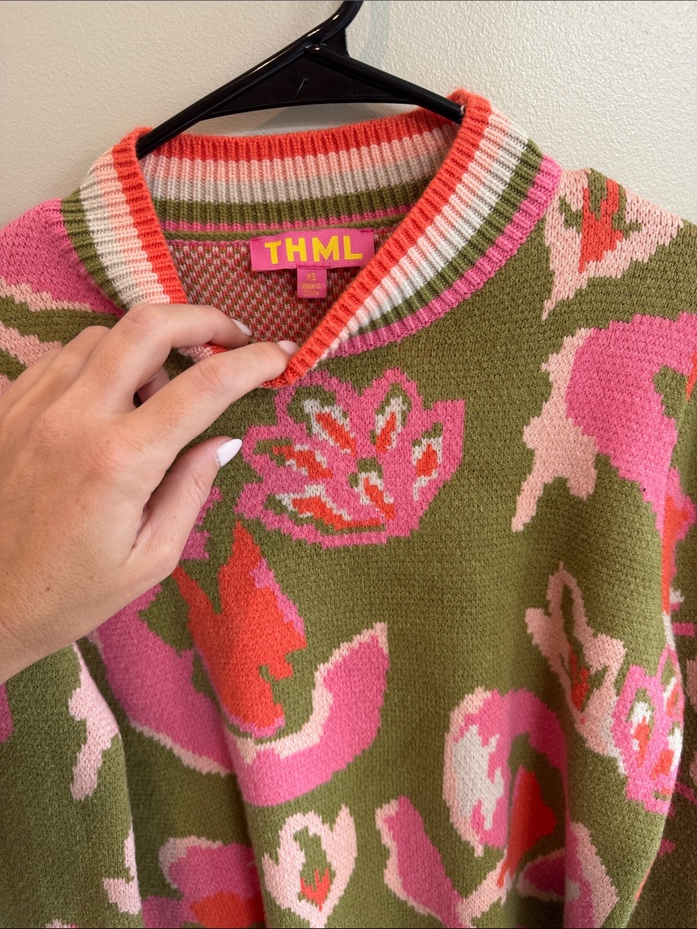 THML Olive Green Sweater with Pink & Coral Floral Pattern - Picture 3 of 4
